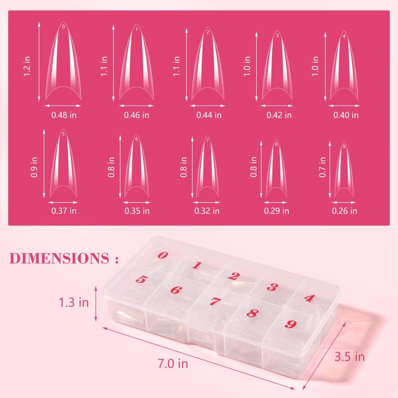Quaferen Clear Stiletto Nail Tips, 500PCS Half Cover Soft Gel Nail Tips Medium Stiletto False Nails Almond Shape Curved Tips for Acrylic Nails Salon Home DIY with Box 10Sizes