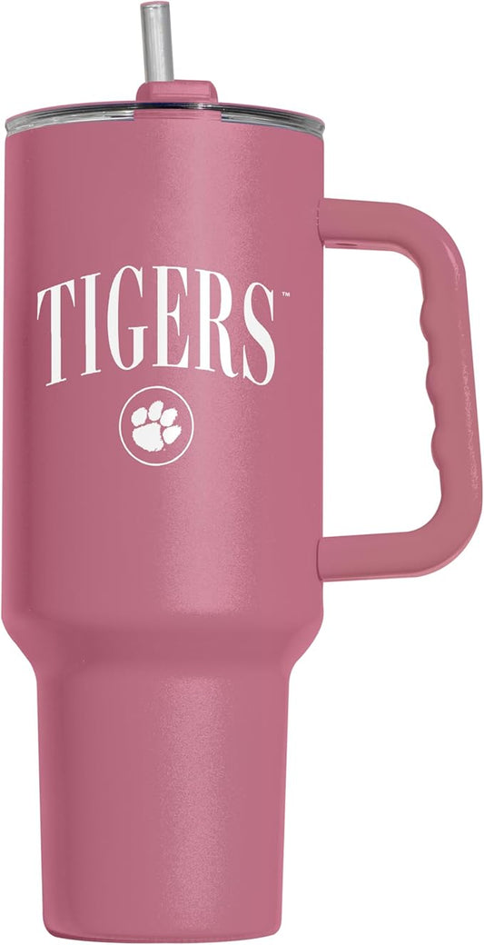 Logo Brands NCAA Clemson Tigers Berry 40 oz Tumbler with Handle - Stylish Everyday Use Powder Coated-Stainless Steel with Straw- Keeps Cold For Hours