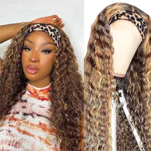 XSY Ombre Headband Wig Human Hair Honey Blonde Wig 4/27 Highglight Wig Headband Wig 100% Human Hair Wigs Deep Wave Headband Wig Curly Wig Colored Wigs 22 Inch