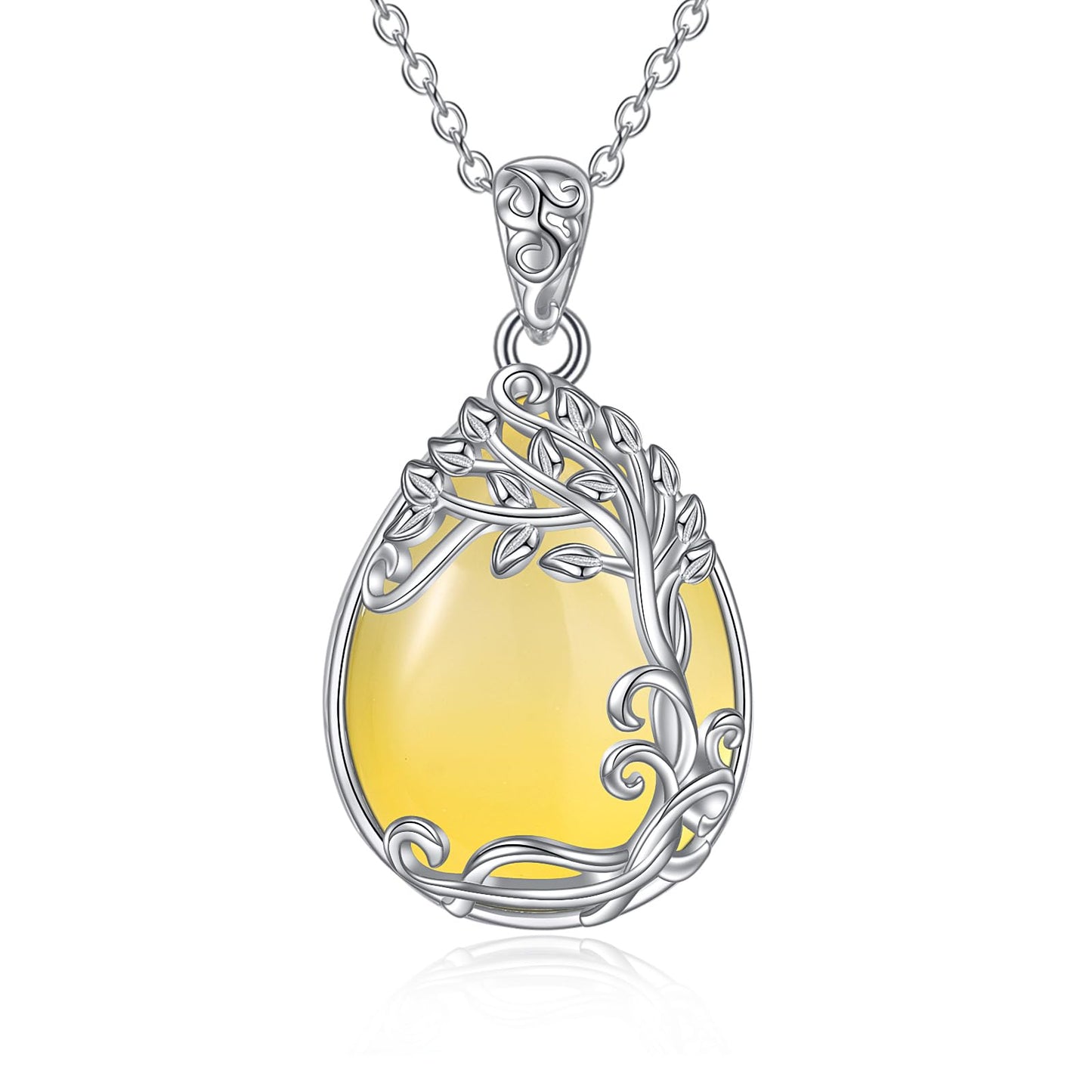 YAFEINI 925 Sterling Silver Yellow Agate Necklace Tree of Life Teardrop Pendant Necklace Jewelry for Women (LL-Tree of Life Yellow Agate Necklace)