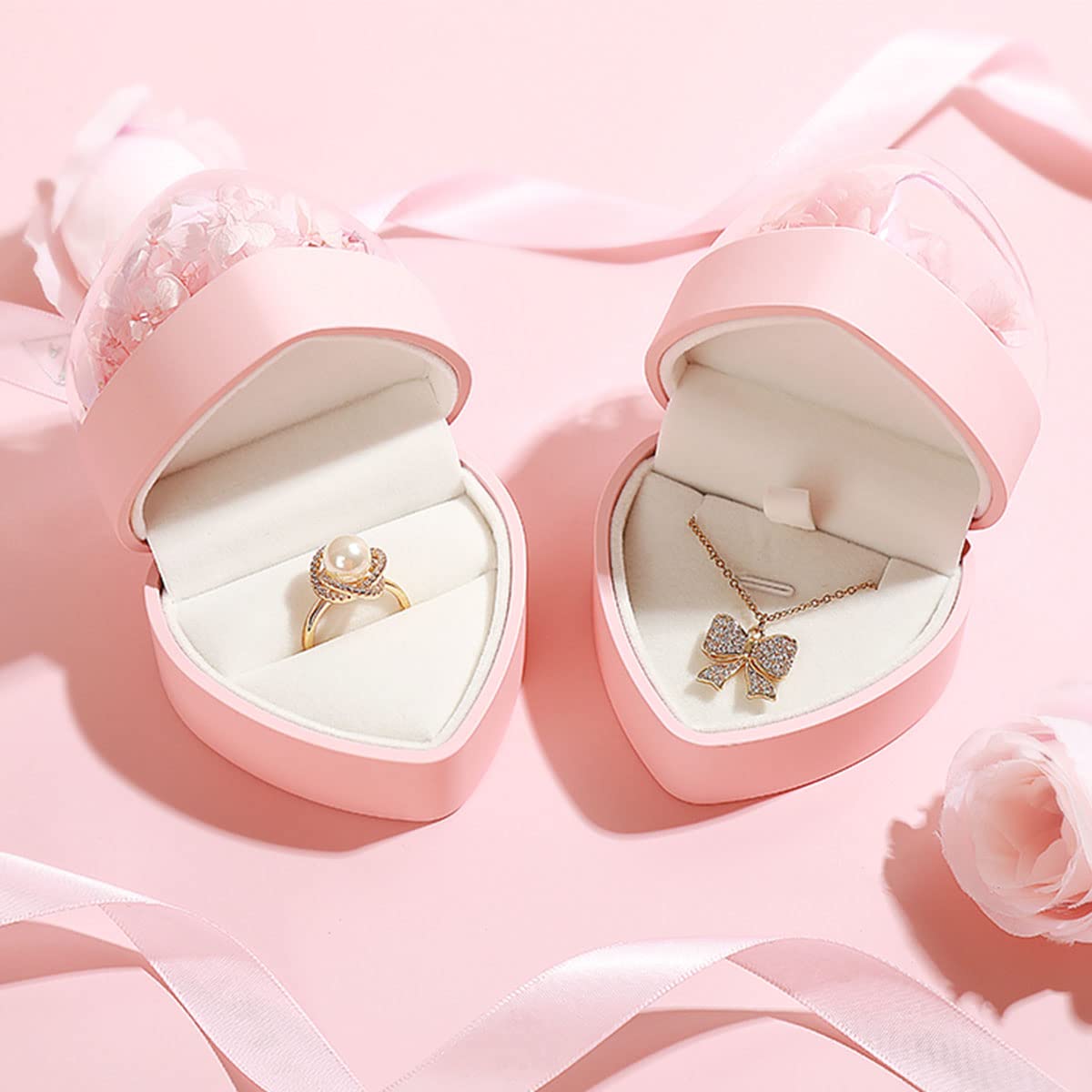Hsiwto Preserved Flower Rose Ring Box, Heart Shape Velvet Jewelry Box for Valentine's Day Mother's Day Wedding Anniversary Birthday Gift, Pink