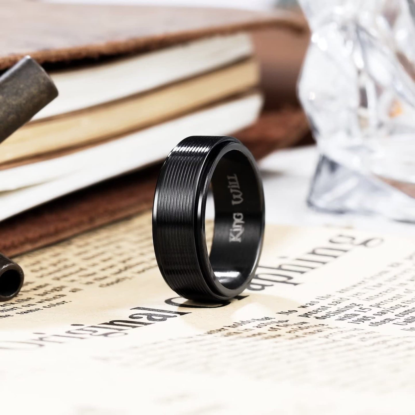 King Will Black Line Groove Mens Women 8mm Spinner Rings Stainless Steel Anxiety Fidget Ring for Women Men Polish Groove Wedding Band Fidget Ring Matte Brushed Comfort Fit 14