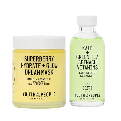 Youth To The People Rinse + Rest Travel Size Duo, 2-Pc Skincare Bundle Set, Superfood Kale + Green Tea Face Wash (2oz) + Superberry Hydrate + Glow Dream Overnight Face Mask with Vitamin C (2oz)