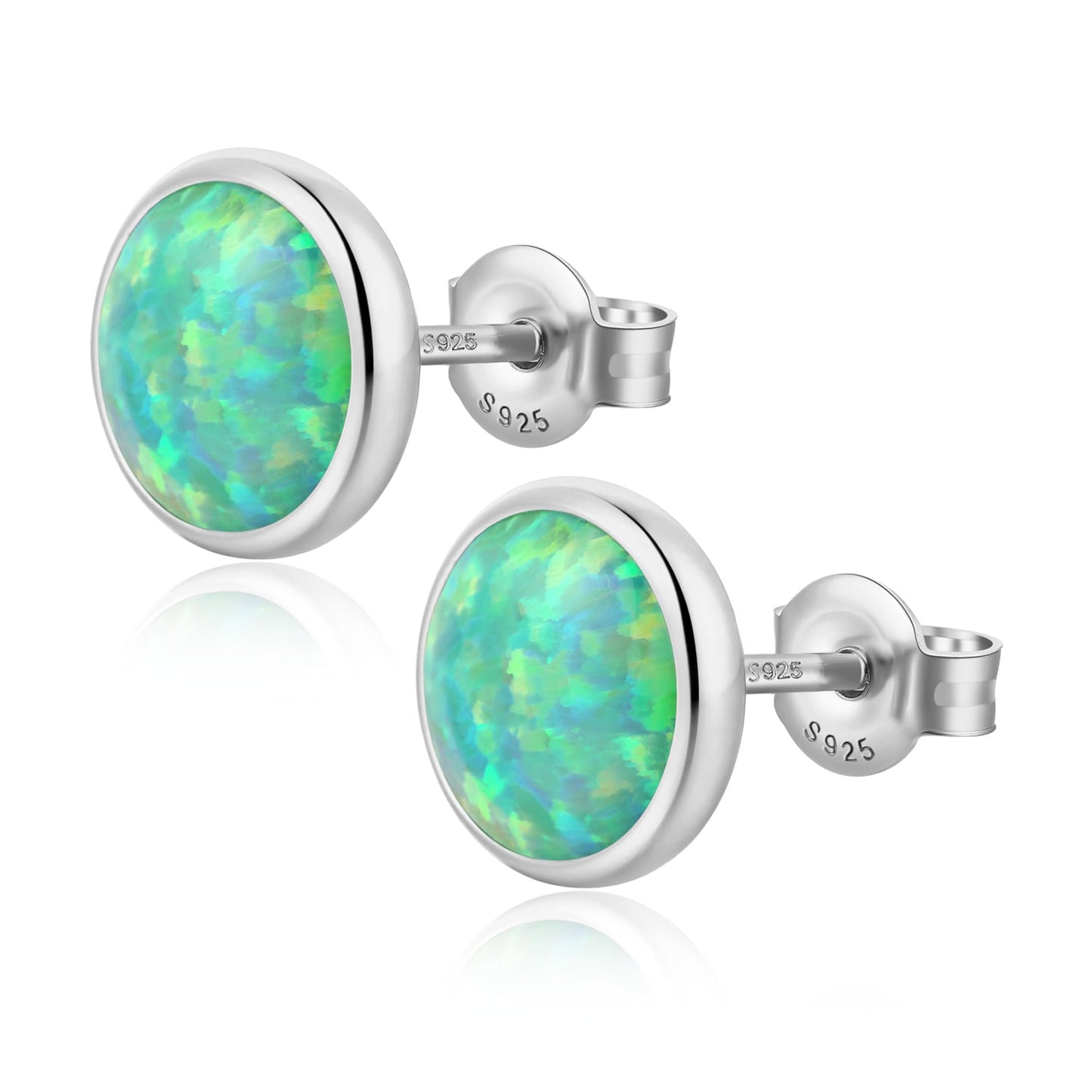 JiayangJY Silver Green Fire Opal Stud Earrings for Women Sterling Silver Round Shape 6mm Opal Earrings with Push Back