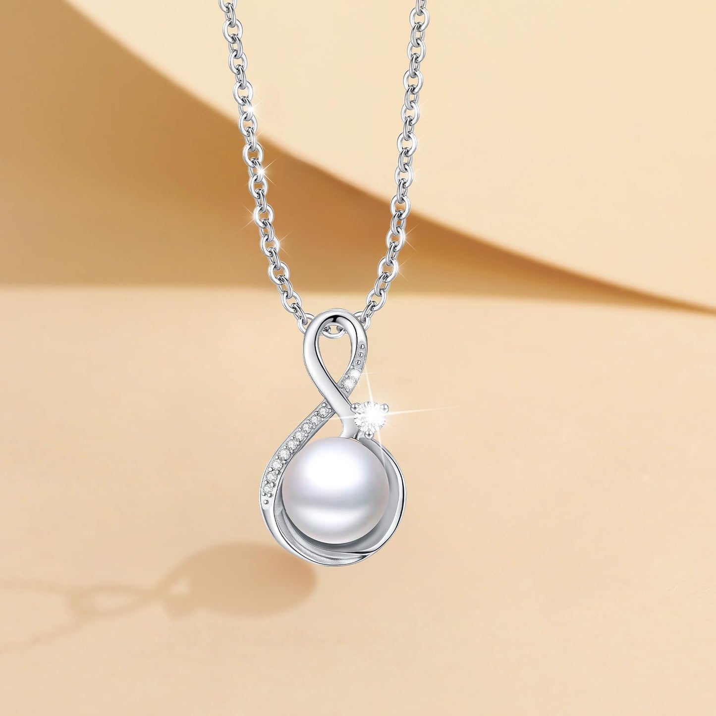 11 mm Infinity Pearl Necklace 925 Sterling Silver Jewelry 5A Cubic Zirconia Pendant Necklace Gifts for Mom Women Girlfriend Grandma Lover Her Wedding Birthday Anniversary Engagement Valentine's Day