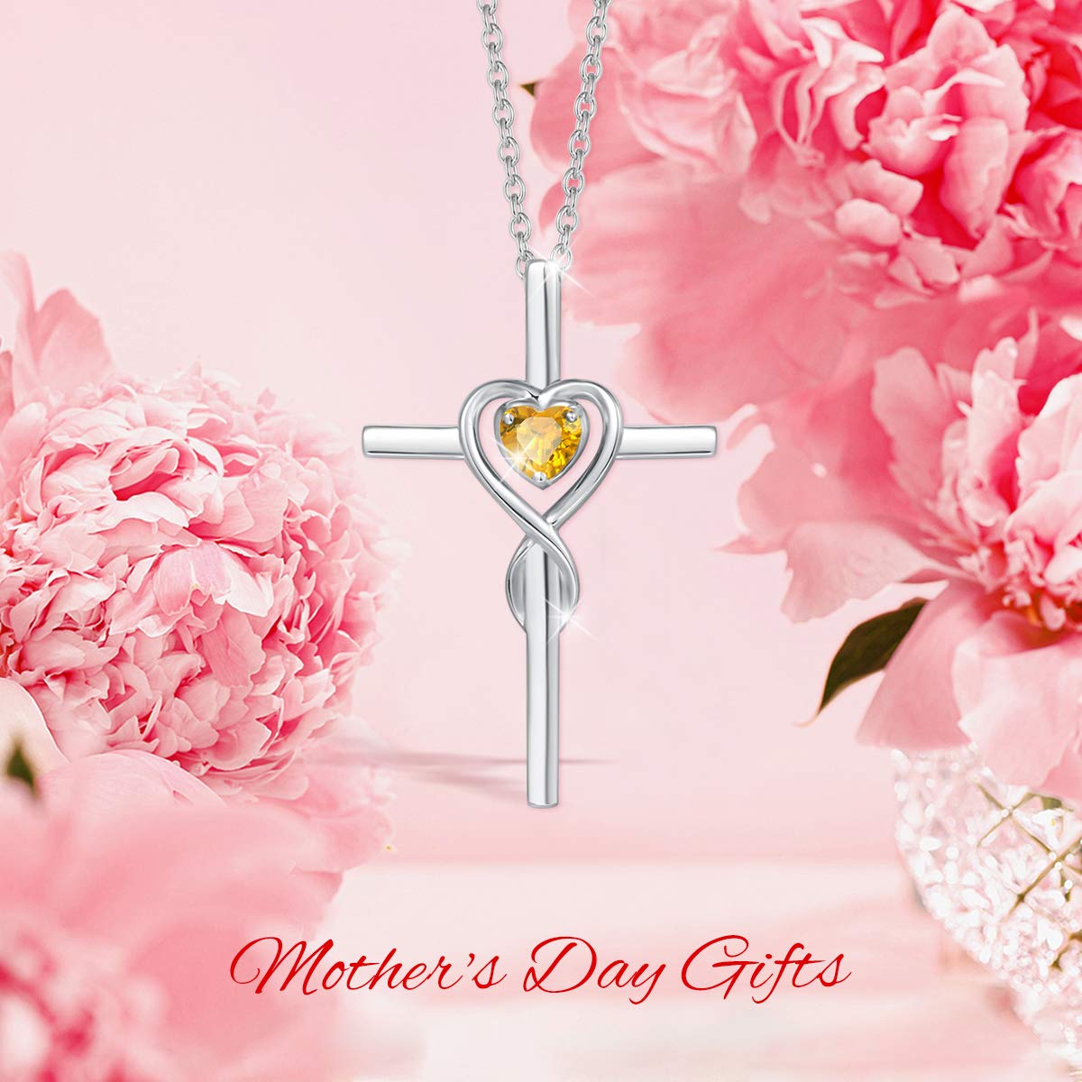 FANCIME Citrine Cross Necklace For Women Sterling Silver Birthstone Citrine Infinity Heart November Birthstone Jewelry Valentines Day Gifts for Women