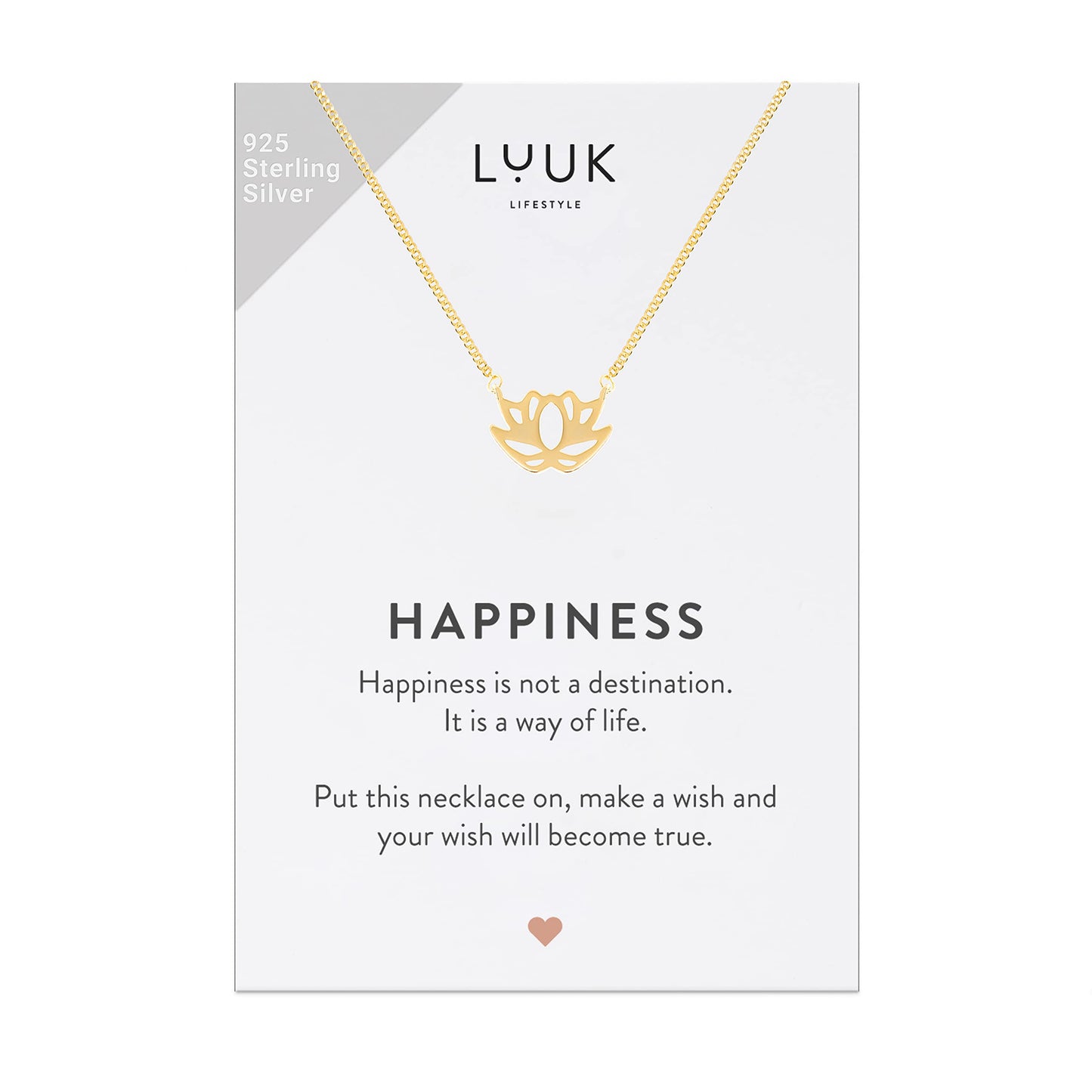 LUUK LIFESTYLE 925 sterling silver necklace with lotus flower pendant, HAPPINESS gift card, Asian zen jewelry for her, gift idea for friend, fiancée, birthday, adjustable chain length, gold