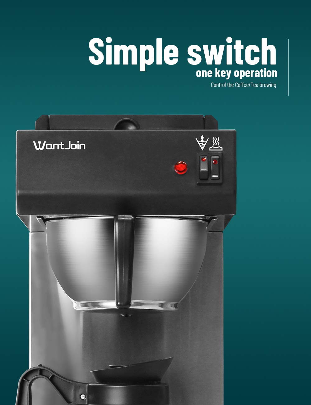 WantJoin Pourover Commercial Coffee Brewer, with Glass Carafe and 2 Kettle Warmers, 12-Cup Capacity coffee maker, Stainless Steel