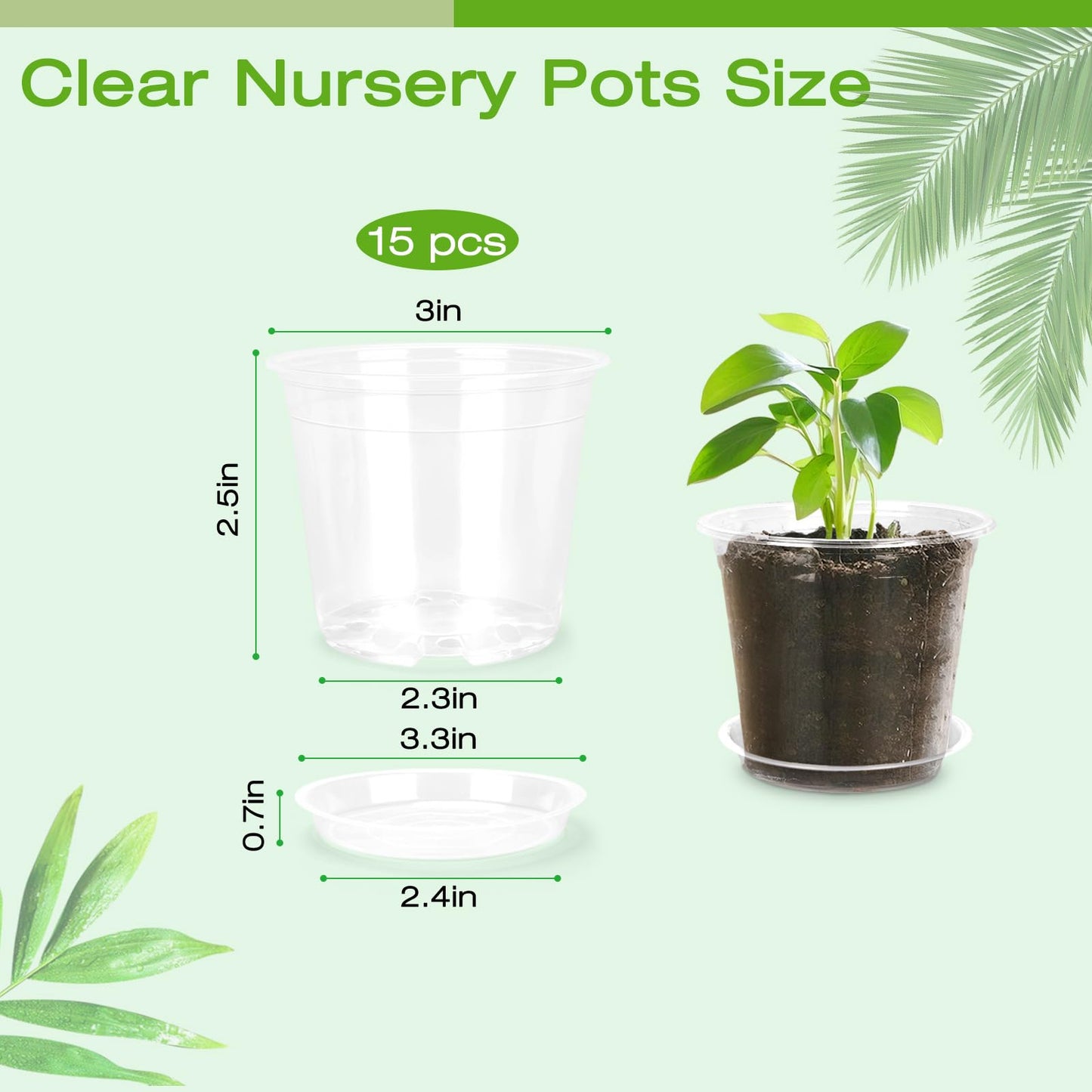 FUOAUYK 3 Inch Clear Nursery Pots with Drainage Trays, 15 Pack Plastic Pots for Plants, Clear Pot for Seed Starting, Transplanting, Succulents, and Indoor Gardening (3 inch)