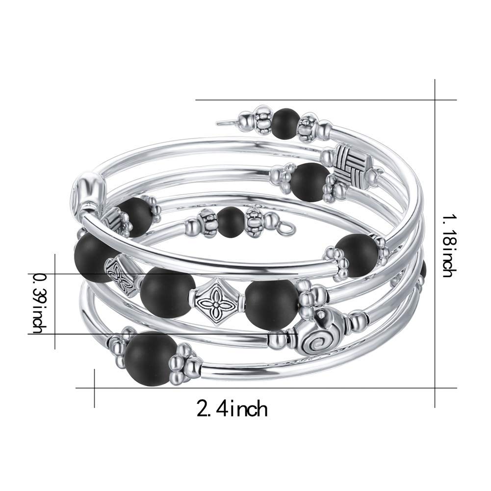 Beaded Pearl Bangle Wrap Bracelet - Fashion Bohemian Jewelry Multilayer Charm Bracelet with Thick Silver Metal Beads, Gift For Women(Matte Black)
