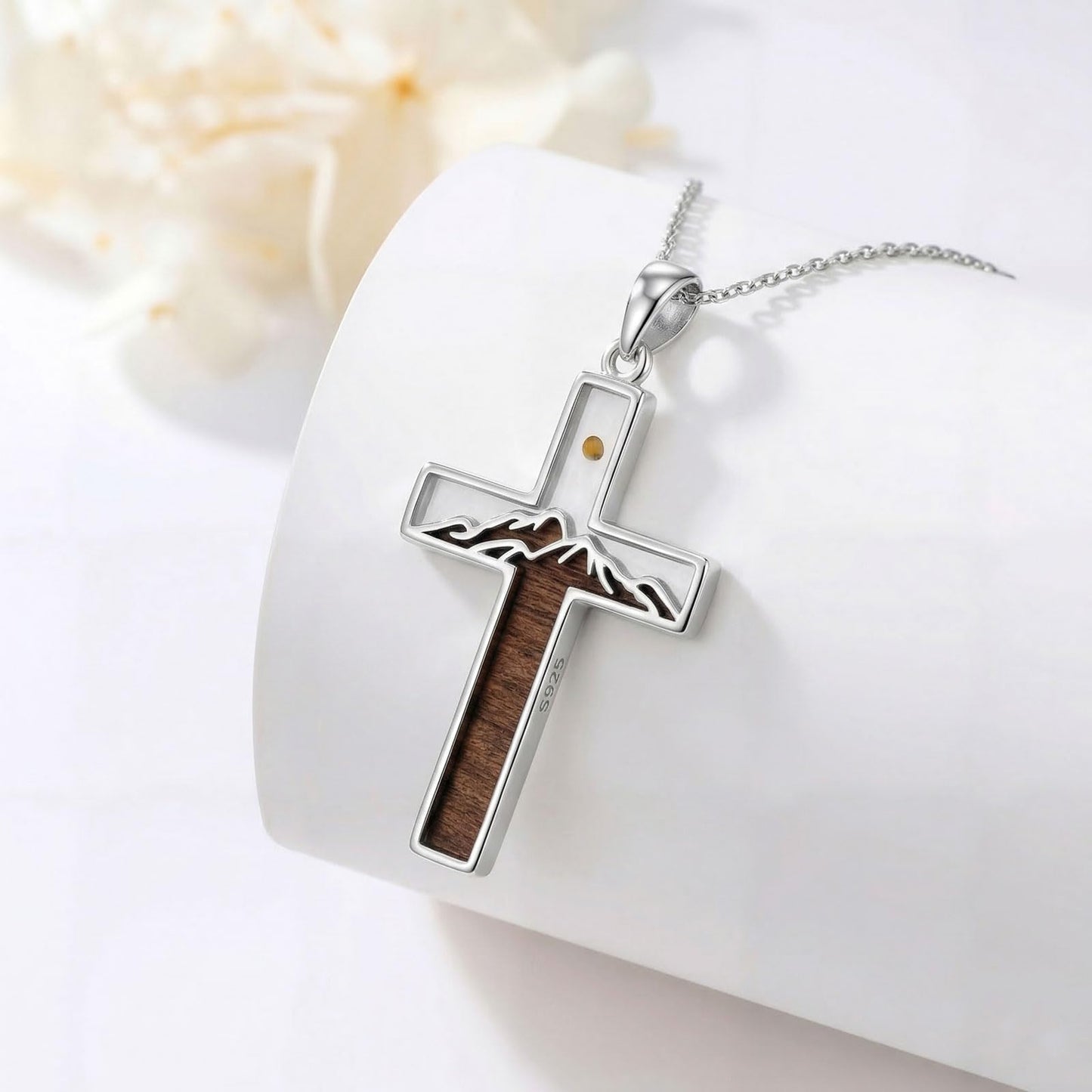 Suiknsn Mustard Seed Necklace 925 Sterling Silver Wooden Cross Necklace Cross Mountain Pendant Religious Christian Jewelry Hiking Gifts for Women Mom