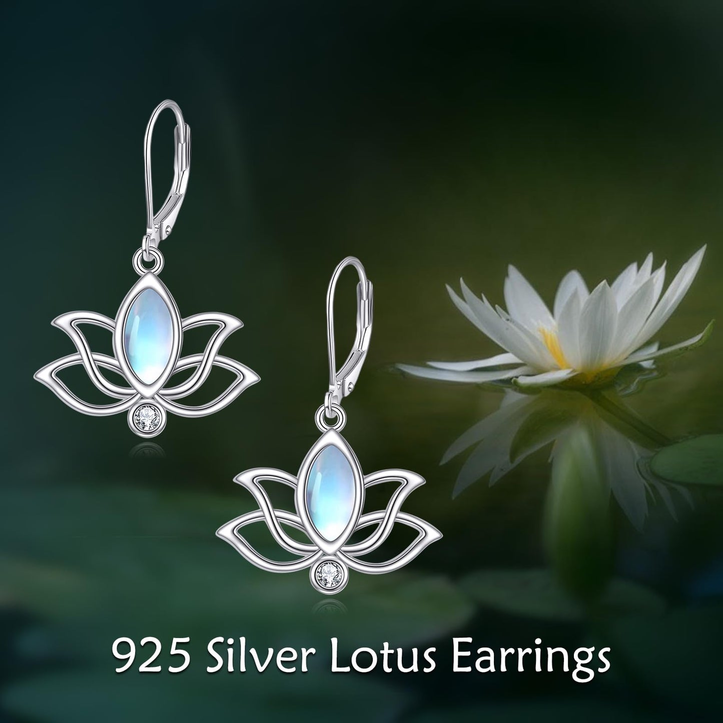 YFN Lotus Flower Earrings Sterling Silver Birthstone Lotus Leverback Dangle Drop Earrings Jewelry Gifts for Women (M. Moonstone)