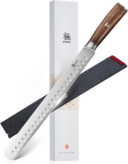 KYOKU 12" Slicing Knife, Daimyo Series Brisket Knife for Meat Cutting with Rosewood Handle, Japanese Style 440C Stainless Steel Meat Carving Knife for BBQ Turkey Ham Rib Roast with Sheath and Case