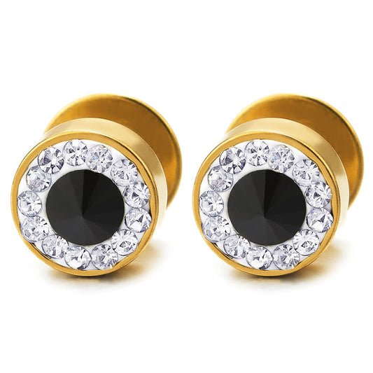 8mm Mens Gold Color Stud Earrings Steel Illusion Tunnel Plug Screw Back with Cubic Zirconia, 2pcs