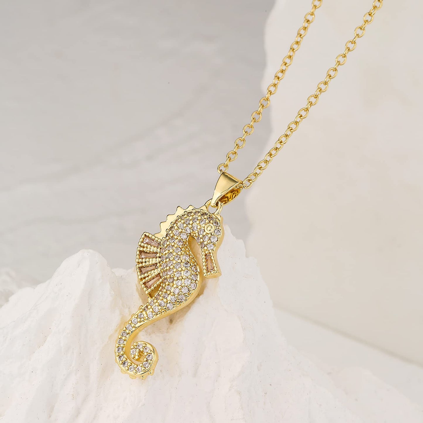 cmoonry 18K Gold Plated CZ Zircon Seahorse Pendant Necklace For Women 17.7"+2" (Gold)