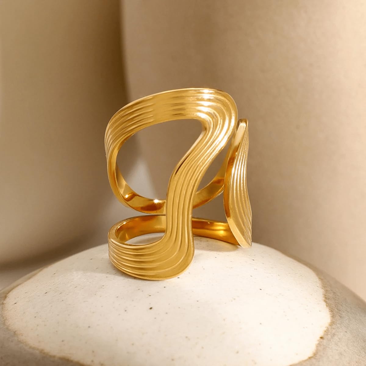 AIETUE Chunky Rings For Women, Gold Silver Thumb Ring Asymmetrical Wavy Curve Ring Adjustable Non Tarnish Dainty Stainless Steel New Year Anniversary Birthday Jewelry Gift (Trendy-Gold)