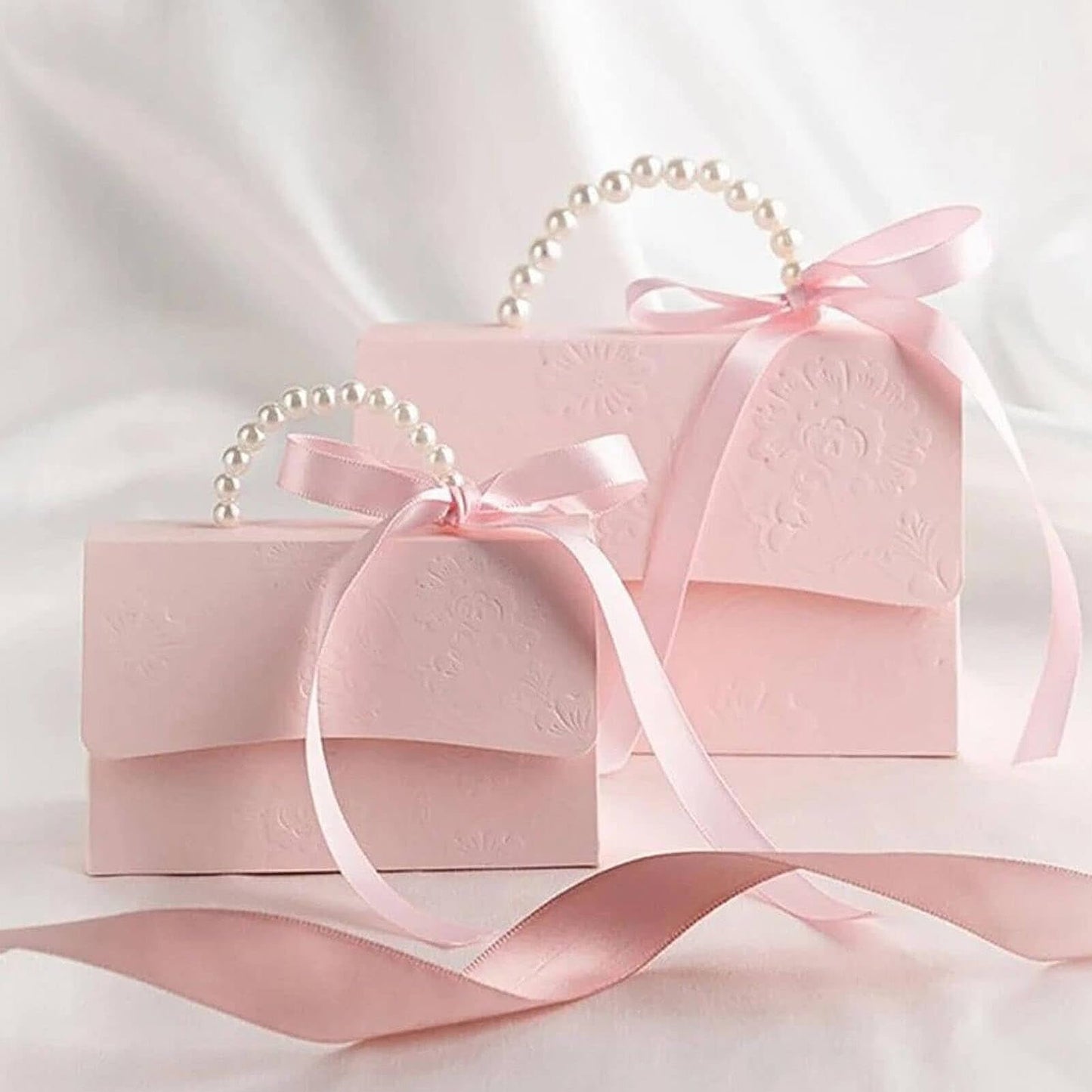 motoeye 10Pcs Pink Pearl Paper Gift Boxes for Wedding Favors, Elegant Bridesmaid and Party Favor Boxes with Ribbon, Ideal for Bridal Shower, Baby Shower, and Special Occasions (Pink, L)