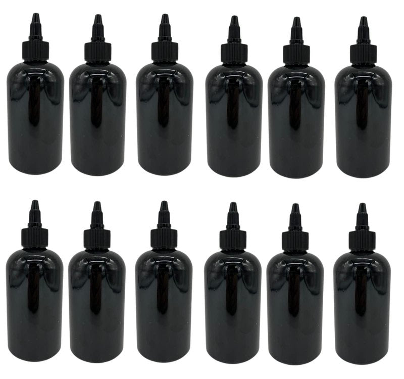 Natural Farms 8 oz Black Boston Plastic Bottles -12 Pack Empty Bottle Refillable - BPA Free - Essential Oils - Aromatherapy | Black Twist Top Cap - Made in the USA