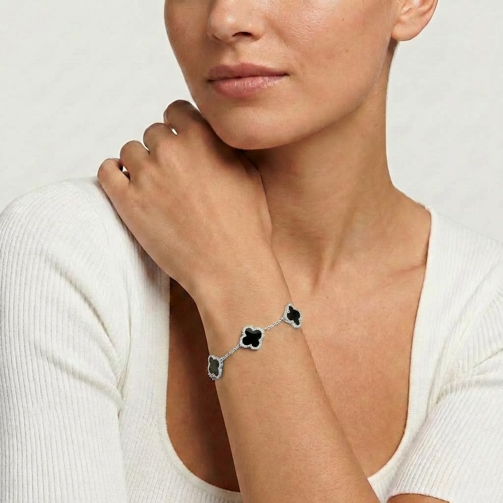 SHINYY Four Leaf Clover Bracelet for Women | 18K Gold Plated Cubic Zirconia Link Bracelet | 4 Leaf Lucky Jewelry Gift for Her (Black Silver)