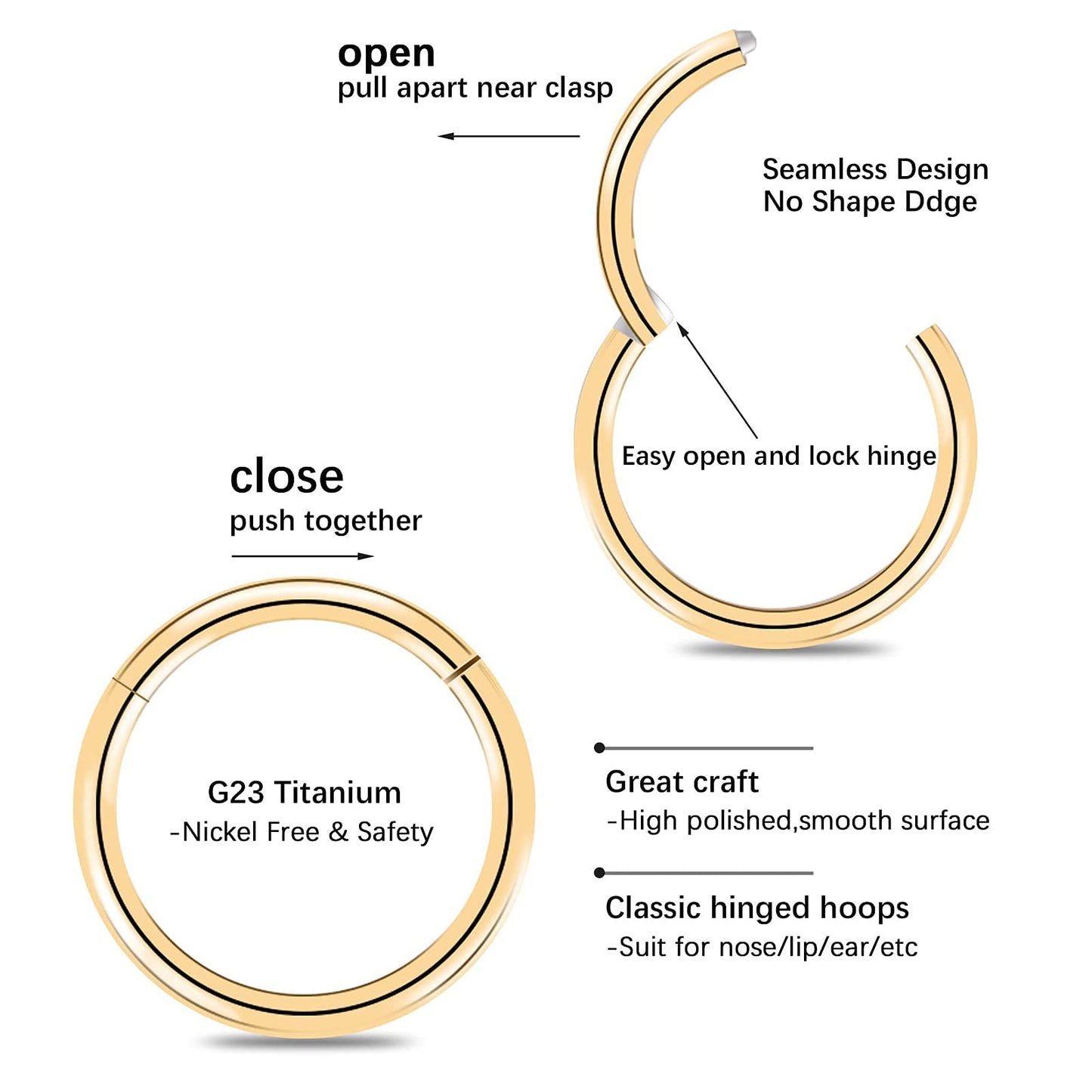 arvinpiercing BOGKU 6pcs G23 Titanium Hinged Nose Rings Hoop 16 Gauge 10mm Nose Septum Clicker Segment Rings Cartilage Conch Tragus Helix Rook Hoops Earring Nose Ear Piercing Hoops