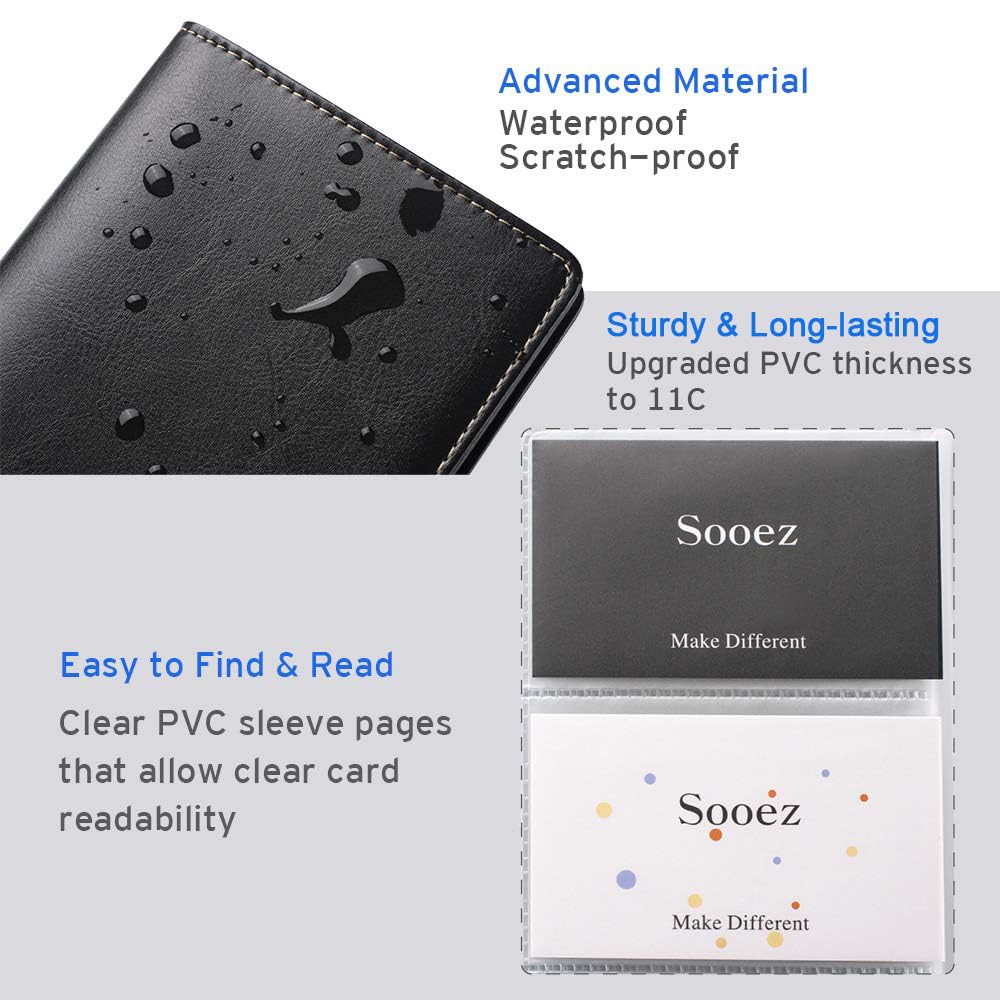 Sooez Leather Professional Business Card Book Holder Organizer, 240 Capacity Credit Card Booklet, PU Name Cards Holder Storage File for Men Women, 7.7 x 4.5 Inch, Black