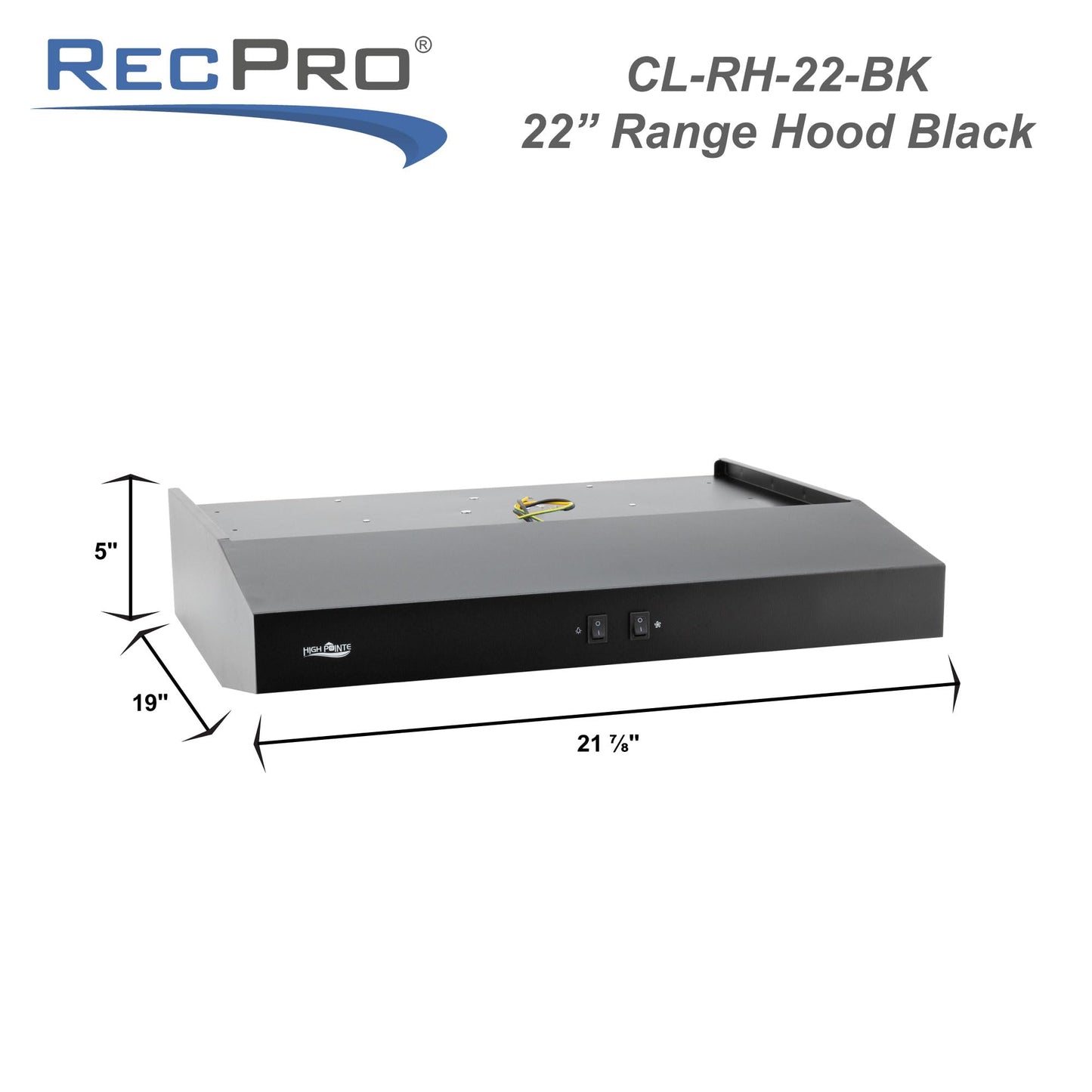 High Pointe 12V Range Hood | Stainless Steel Finish | LED Lamp | Grease Filter (Black, 22")
