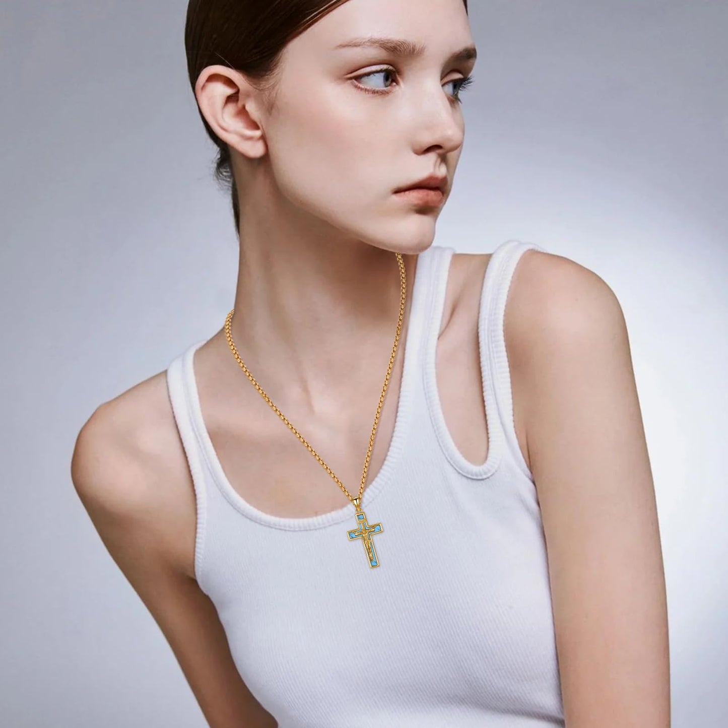 YEESIA Cross Necklace for Women Men 925 Sterling Silver Gold Jesus Crucifix Pendant Necklace with Turquoise Cross Jewelry Gift for Women Men