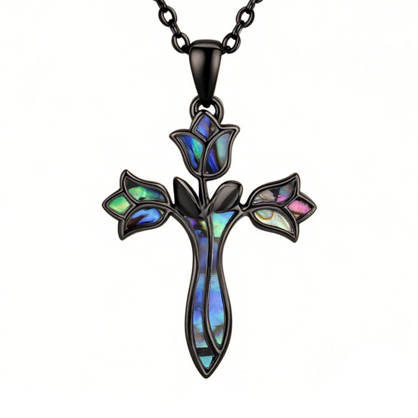 Dreamboat Black Cross Necklace for Women Sterling Silver Cross Pendant Tulip Rose Abalone Shell Christian Necklace Faith Confirmation Gifts Religious Jewelry for Mom
