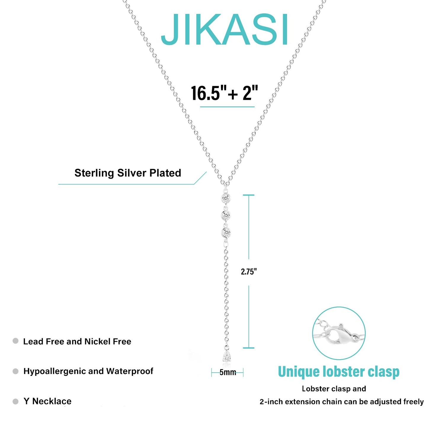 JIKASI Silver Long Necklaces for Women, Dainty Long Necklace 14k Gold Silver Plated Y-Shaped Body Chain Pendant Necklaces Trendy CZ Drop Beaded Chain Wedding Jewelry Gifts