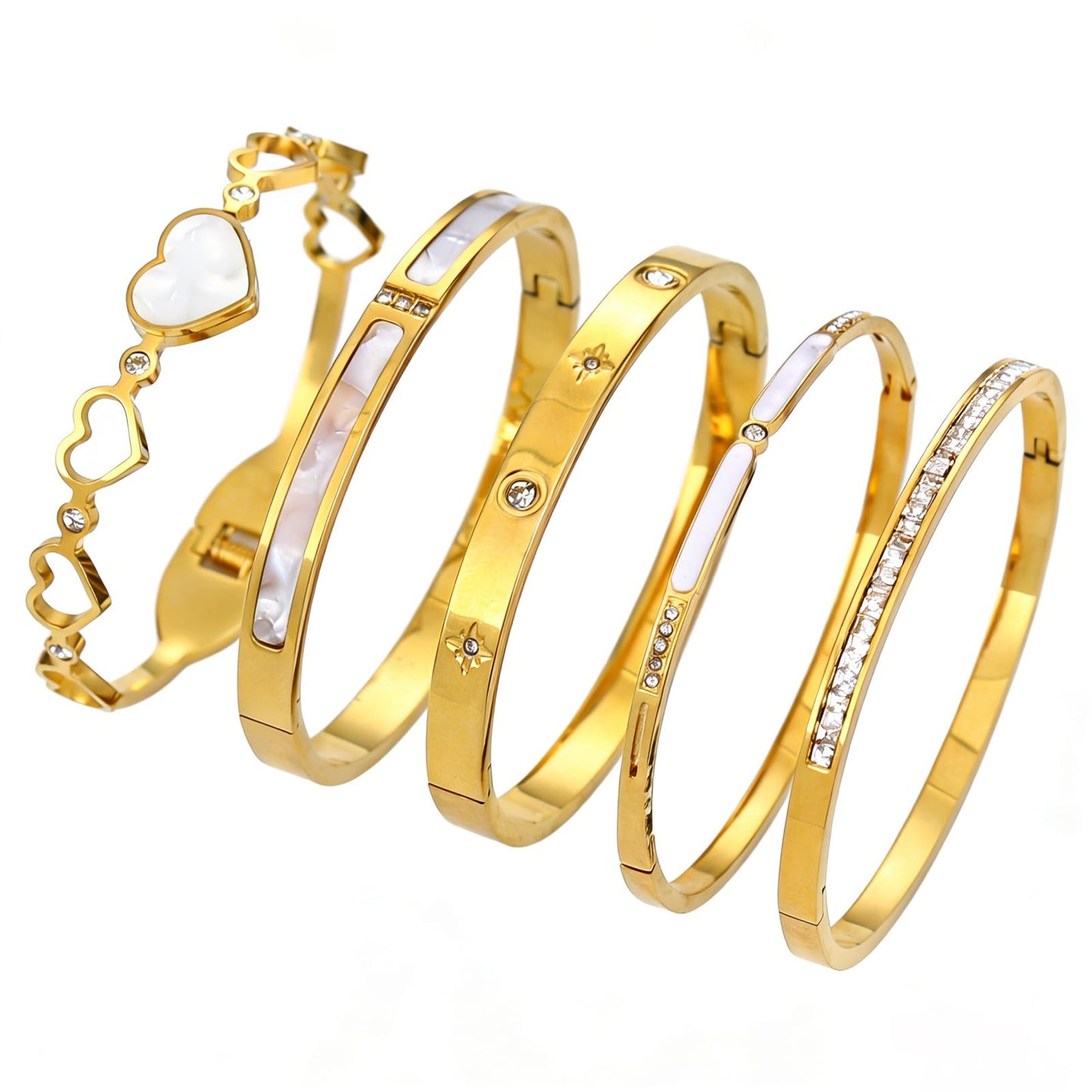 ZhiRui Women's 18K Gold Plated Stackable Bangle Bracelet Set - Waterproof Mother of Pearl Heart Cubic Zirconia Jewelry - Perfect for Valentine's Day & Thoughtful Gifts for Women