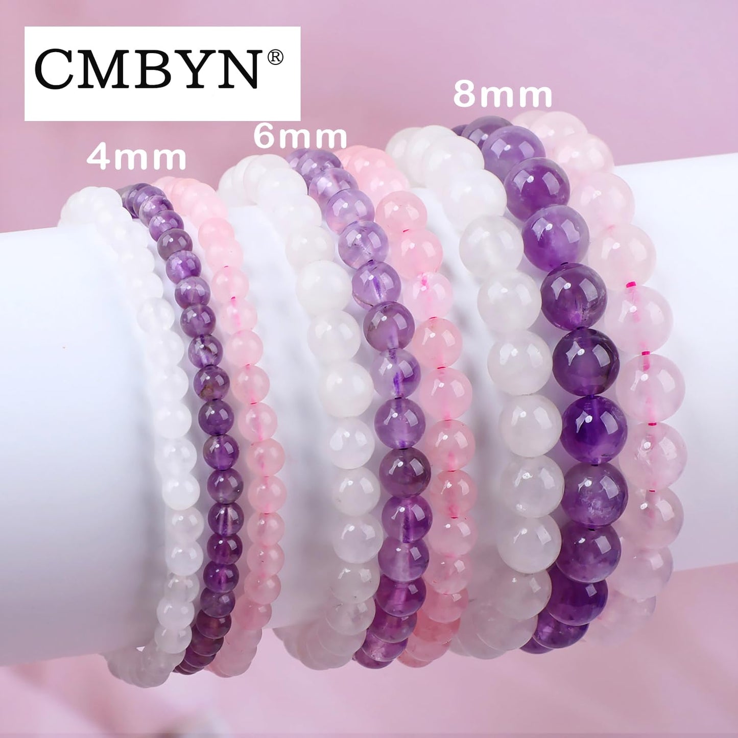 CMBYN 3-Pieces 6mm Natural Crystal Gemstone – ﻿Amethyst, Pink Quartz, White Jade Handmade Reiki Energy Healing Stretch Bracelets Jewelry for Yoga, Meditation, Unisex