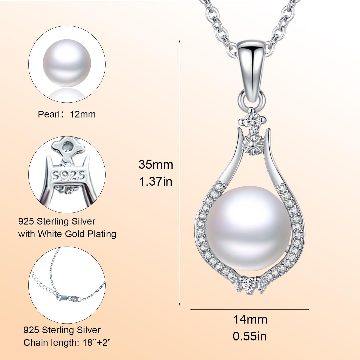 12 mm Sunflower Pearl Necklace 925 Sterling Silver Jewelry 5A Cubic Zirconia Pendant Necklace Gifts for Mom Women Girlfriend Grandma Lover Her Wedding Birthday Anniversary Engagement Valentine's Day