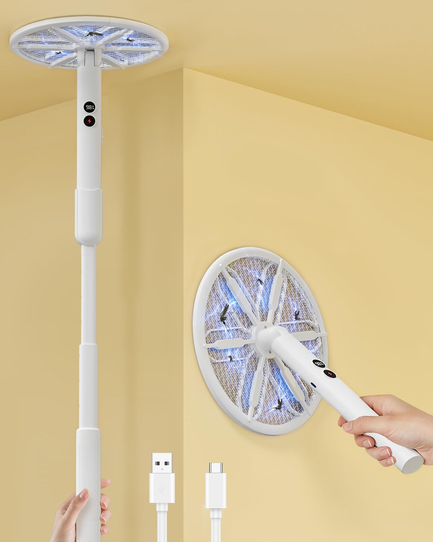 Rotating Head Electric Fly Swatter for Indoors with 16â40" Telescopic Handle, 4000V 2-in-1 UV USB Rechargeable Bug Zapper Indoor Outdoor, Fly Mosquito Zapper Killer Catcher Trap for Ceilings and Walls