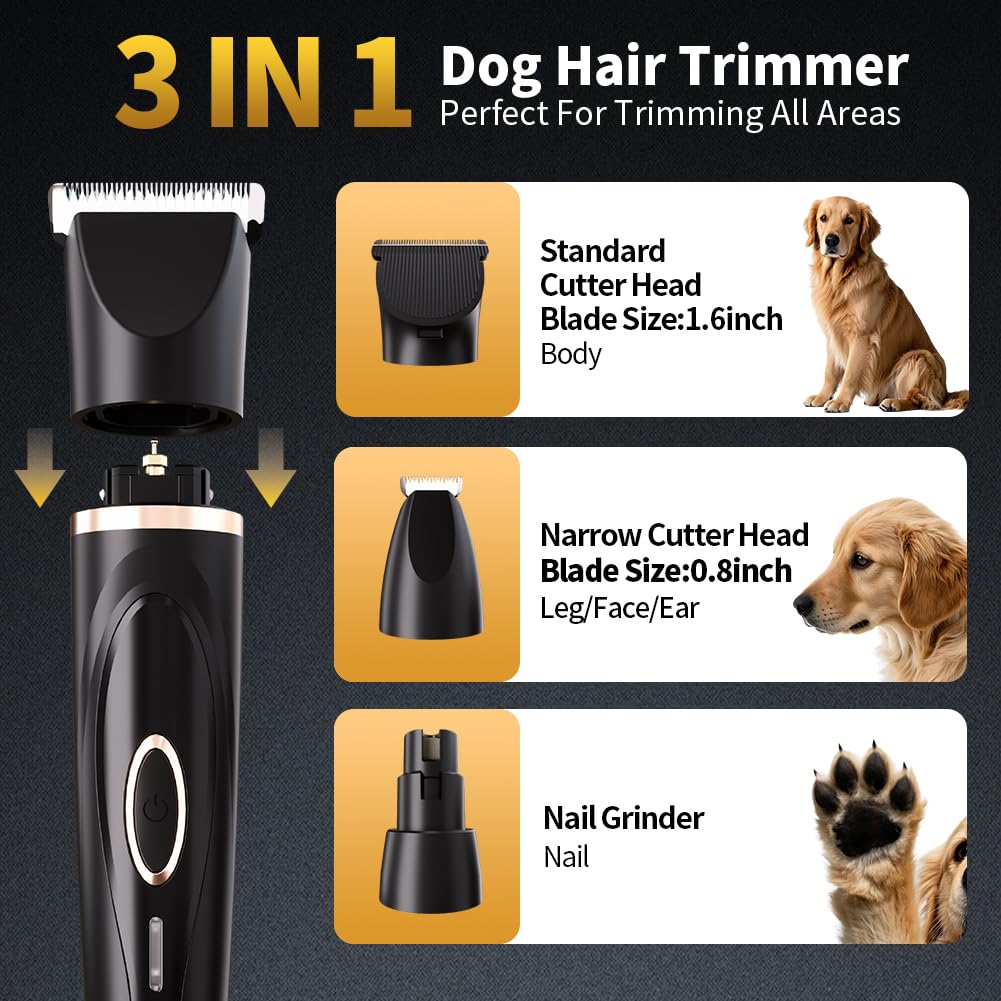 Liuqo Dog Clippers Grooming Kit with Paw Trimmer, 3 in 1 Low Noise Electric Rechargeable Cordless Pet Shaver with Nail Grinder Dog Hair Trimmer for Dogs Cats and Other Pets
