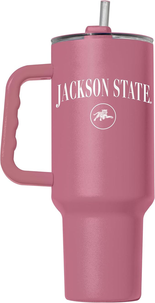 Logo Brands NCAA Jackson State Tigers Berry 40 oz Tumbler with Handle - Stylish Everyday Use Powder Coated-Stainless Steel with Straw- Keeps Cold For Hours