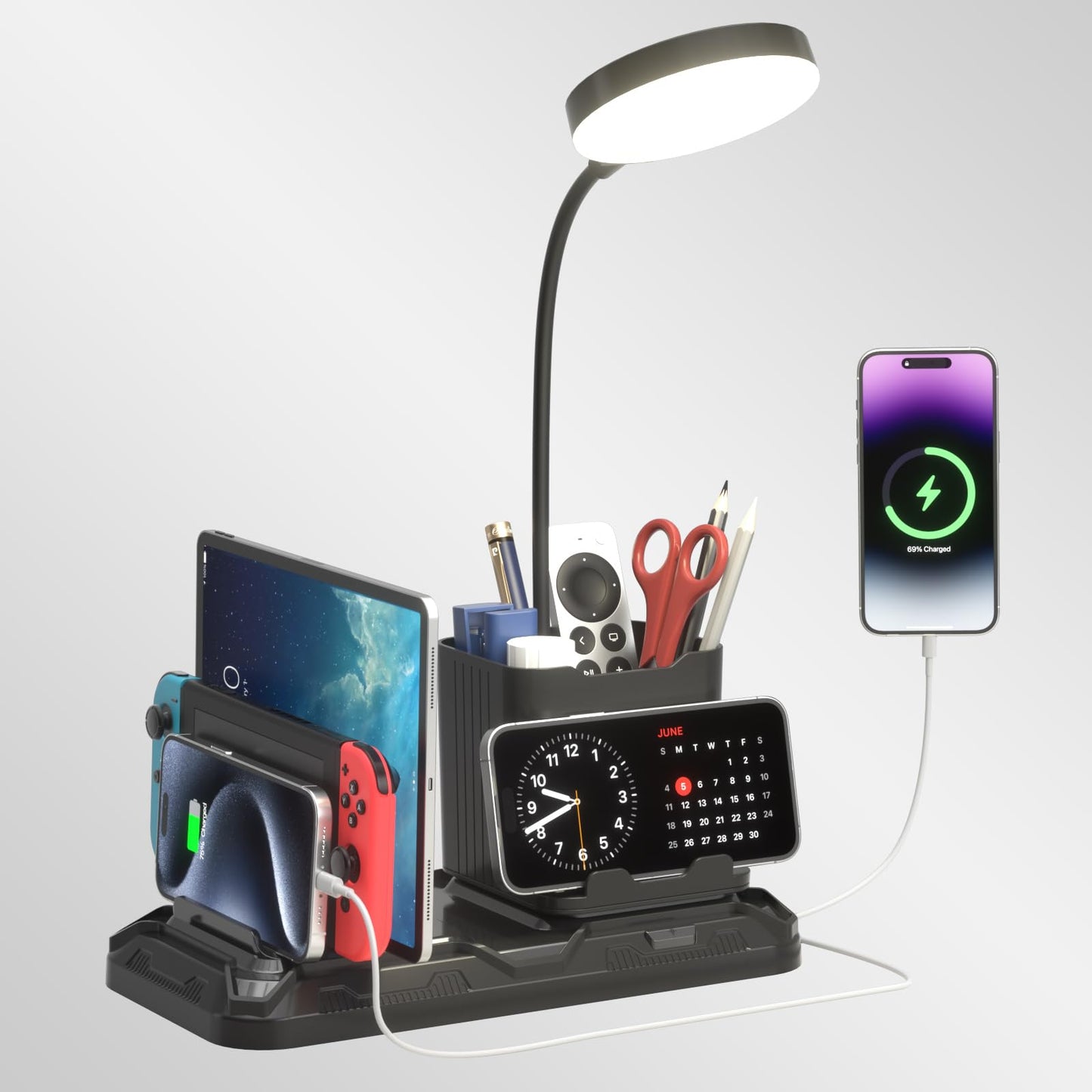 KDD Desk Lamp with USB A&C Charger Ports - Reading Desktop Light with Pen & Phone Holder - Adjustable Brightness Lights with Device Slots - 360°Gooseneck Table Lamp for Home Office College Dorm Room