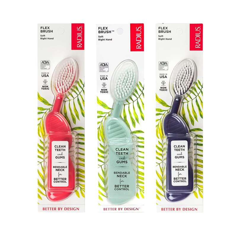 RADIUS Toothbrush Flex Brush BPA Free & ADA Accepted Designed to Improve Gum Health & Reduce Gum Issues - Right Hand - Purple/Watermelon/Mint - Pack of 3