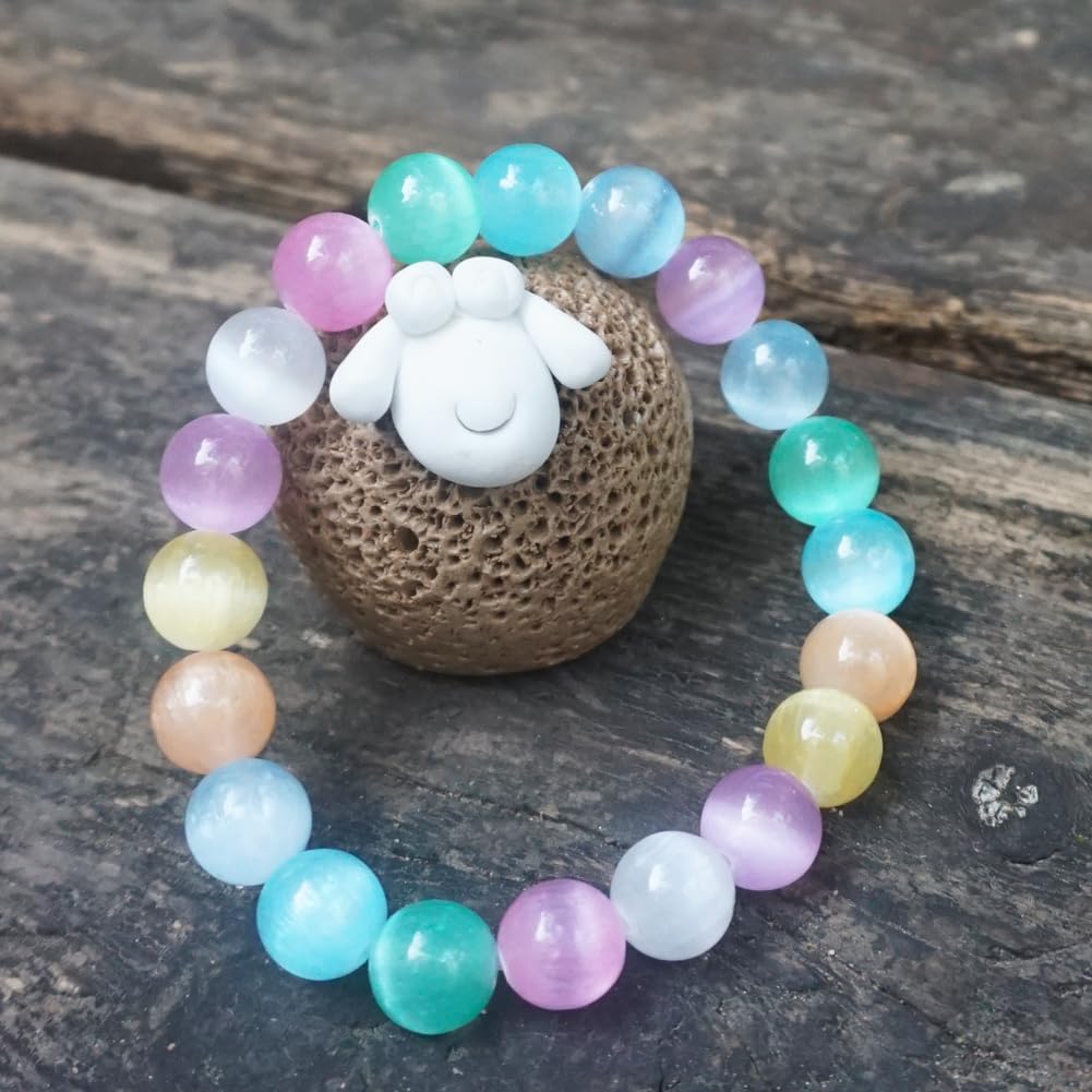 TaHLga 10mm Rainbow Selenite Bracelet - Iridescent Natural Crystal | Handmade Meditation Bracelet with Cat-Eye Effect | Come with Beading Tool Kit - Adjustable to 6.5-8 inches Wrist Size