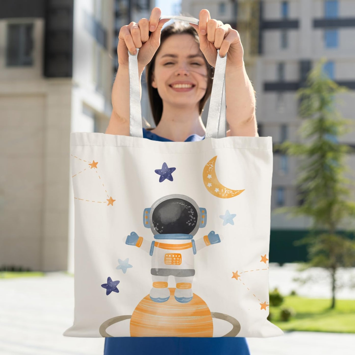 URLLUAE Space Gifts Tote Bag, Cute Astronaut Planet Canvas Tote Bag, Space Themed Gifts for Lovers Women, Reusable Grocery Bags Shopping Bag