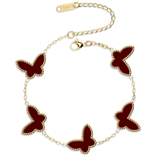 AICase 18K Gold Plated Clover Bracelet Dupes Black Bracelet Set for Women Butterfly Flower Leaf Lucky Clover Bracelets Trendy Jewelry Birthday Gifts for Women/MoM/Friends_Wine Red