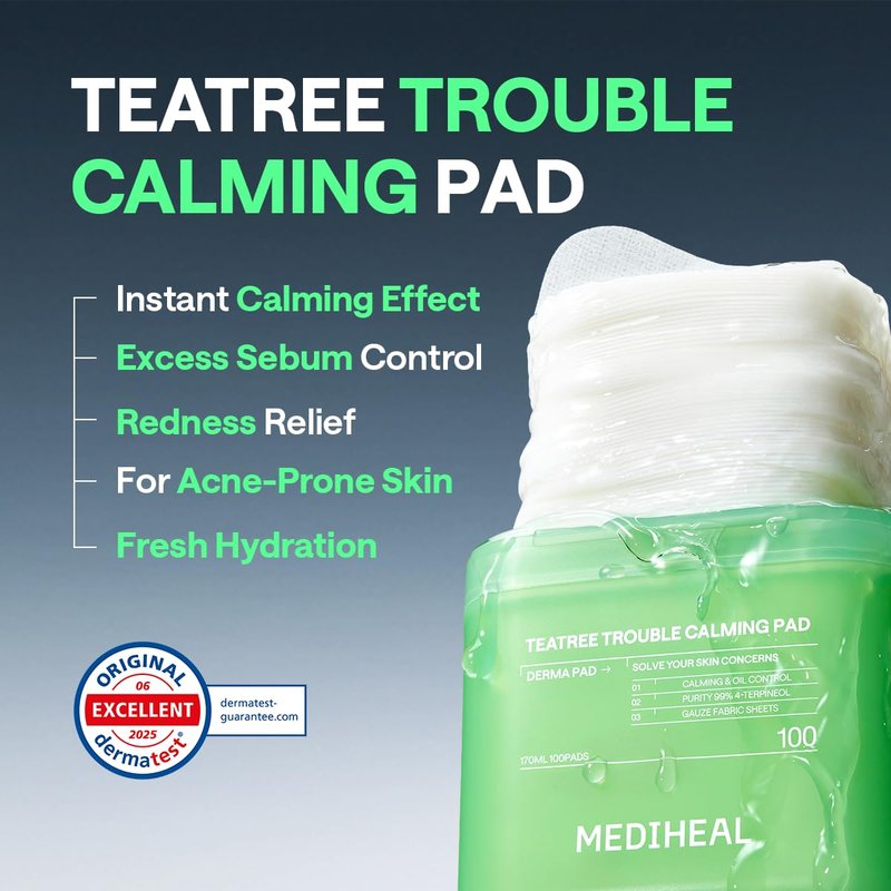 Mediheal Toner Pads 100 Count - Teatree Trouble Calming - Contains Purity 99% Teatree (4-Terpineol) - For Sensitive & Acne Prone Skin - Vegan Hypoallergenic Face Gauze, Korean Skin Care