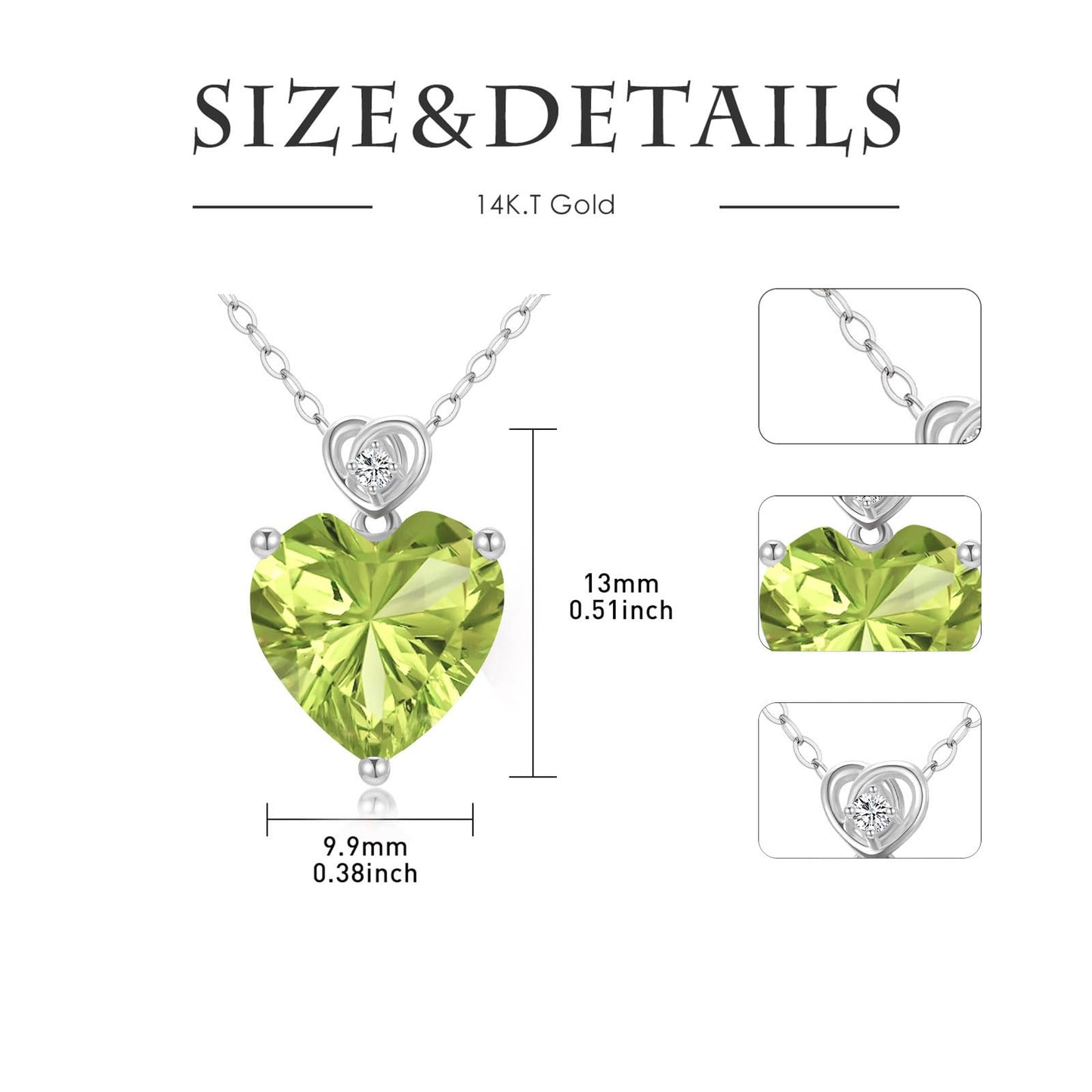 NFYBD 14k White Gold Love Heart Peridot Birthstone Pendant Necklace for Women 3 Carat Heart-cut Created Gemstone Anniversary Birthday Mother's Day Necklaces for Her-aug