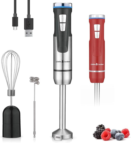 Liebe&Lecker Immersion Blender Handheld Cordless, 3 in 1 Cordless Hand Blender, 8 Speed Emulsion Blender Handheld with Whisk Milk Frother for Soup Smoothie