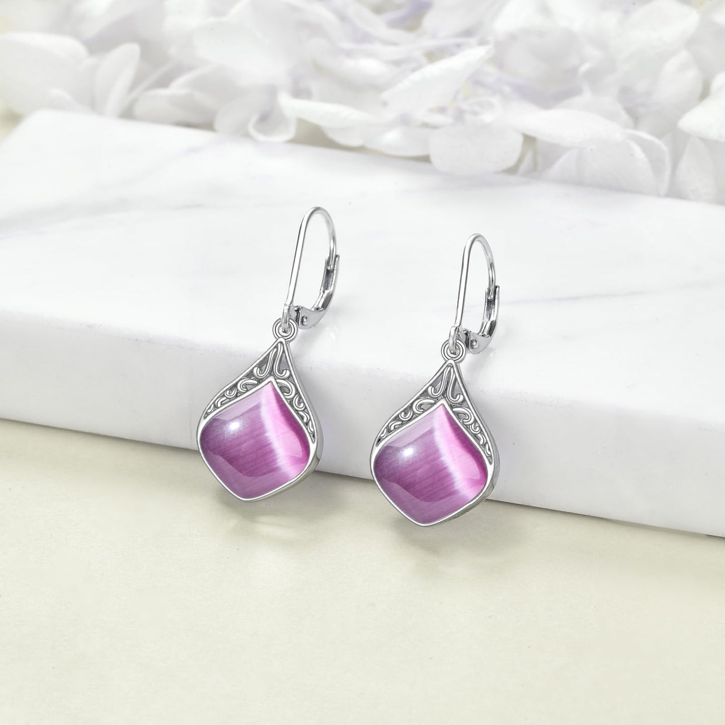 Purple Opal Earrings Sterling Silver Filigree Irish Celtic Rose Quartz Stone Teardrop Drop Earrings Jewelry Christmas Gifts For Women