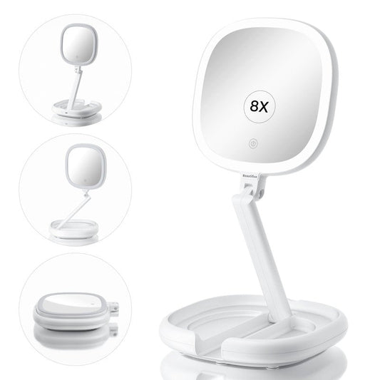 Beautifive 6.3" Makeup Mirror, 1X/8X Magnification, 3 Light Modes, Plug-in or Battery Operated Double-Sided Lighted Vanity Mirror, Adjustable Height Stand for Home, Women