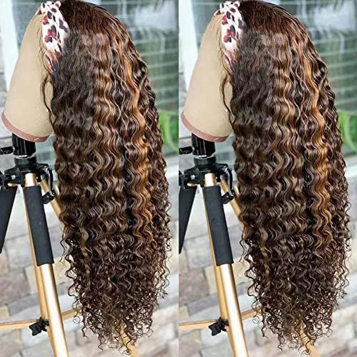 XSY Ombre Headband Wig Human Hair Honey Blonde Wig 4/27 Highglight Wig Headband Wig 100% Human Hair Wigs Deep Wave Headband Wig Curly Wig Colored Wigs 22 Inch