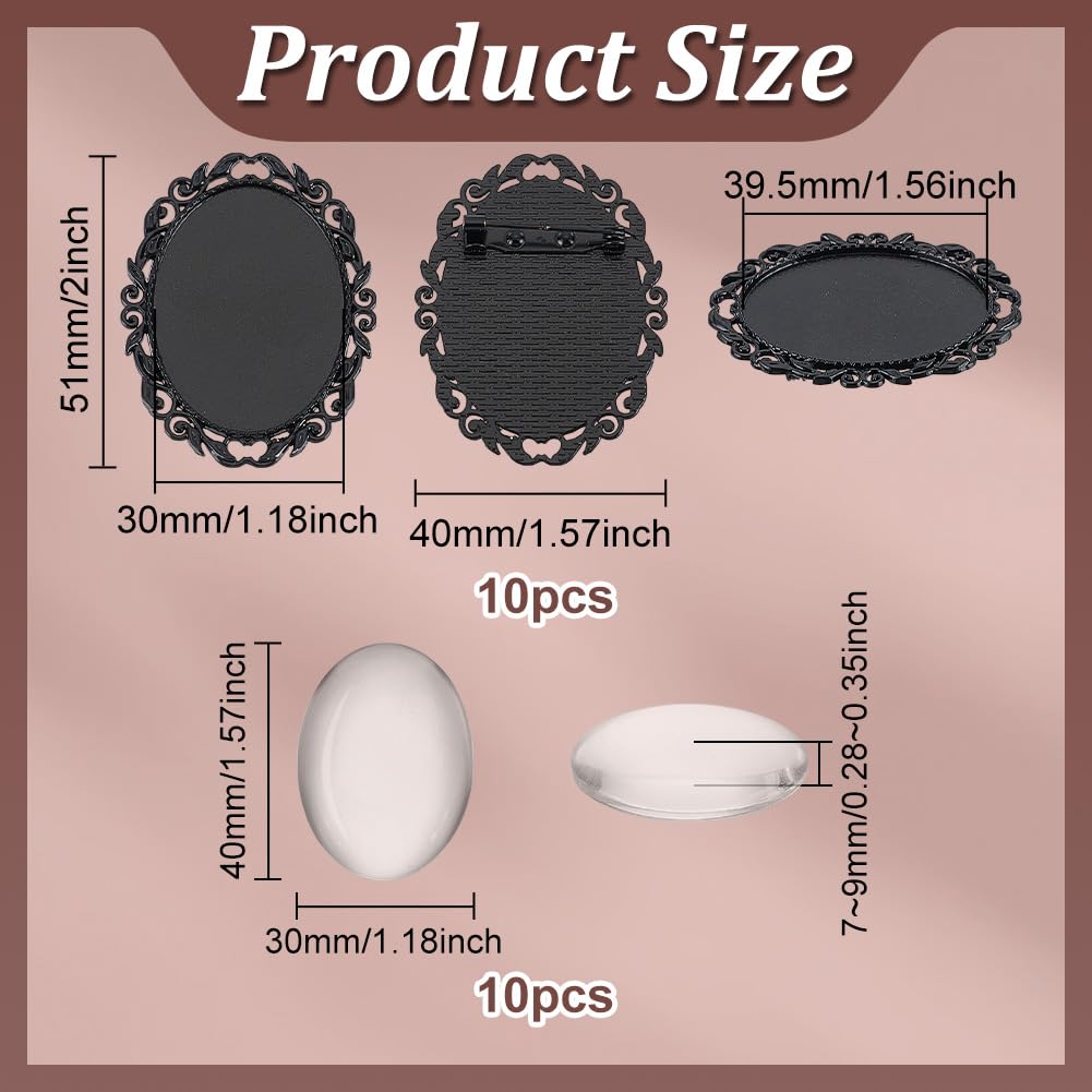 PH PandaHall 10 Sets Brooch Cabochon Making Kit, 40x30mm Vintage Oval Brooch Bezel Blank Photo Brooches Memorial Photo Pins with Clear Glass Cabochons for Jewelry Making Wedding Party, Black