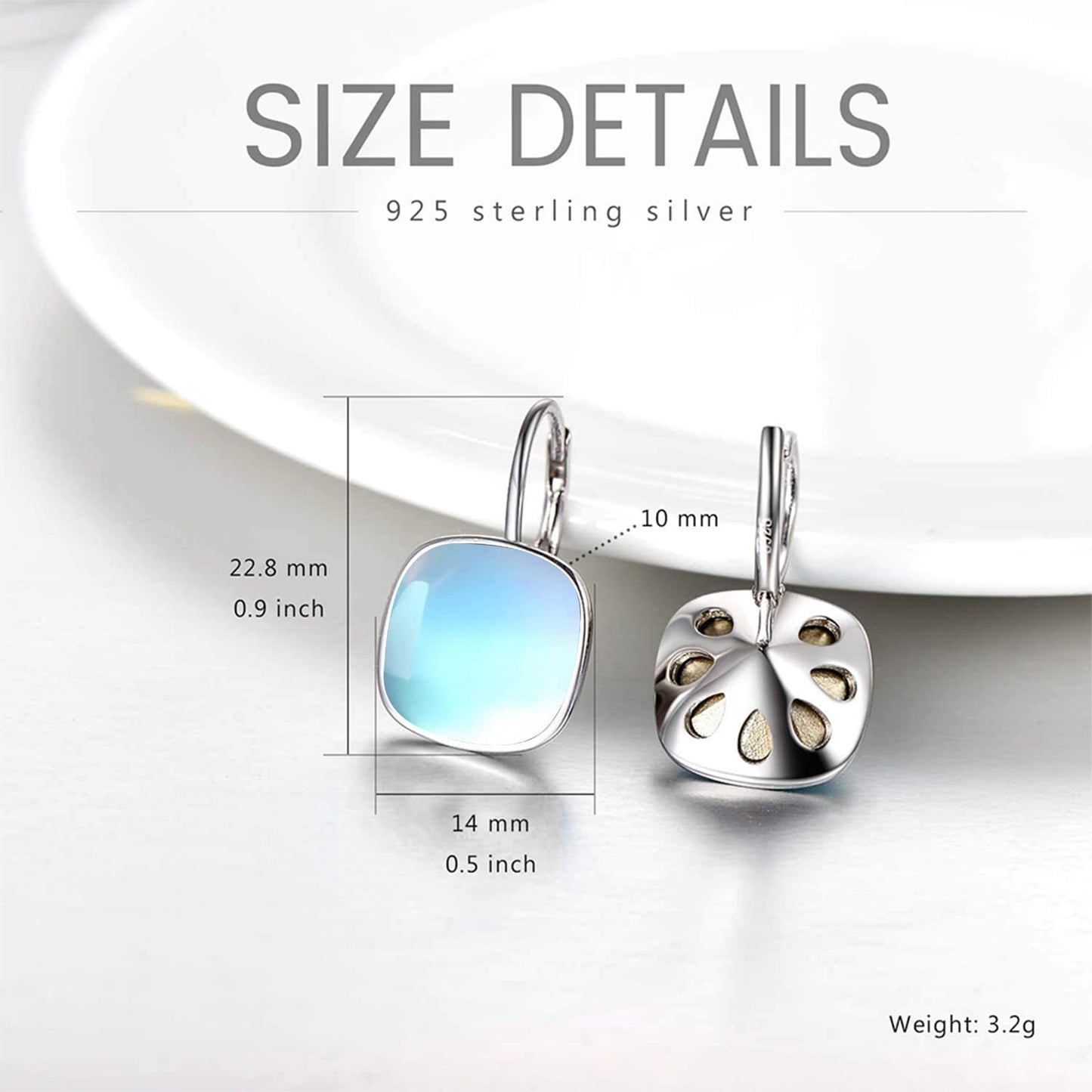 AOBOCO Sterling Silver Leverback Earrings Embellished with Crystals from Austria, Hypoallergenic Cushion Cut Square Crystal Earrings, Fine Anniversary Birthday Jewelry Gifts for Women (Moonstone Color)