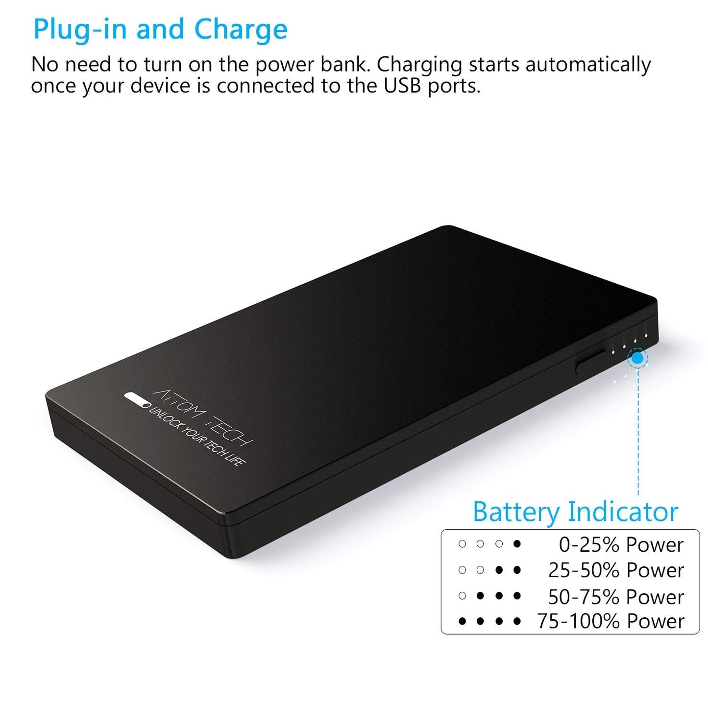Attom Tech Dual USB Output Super Slim Power Bank Ultra Thin, 3000mAh Portable Charger Mini External Phone Battery Pack Small Dual Outlet, Emergency Phone Power Backup (Black)