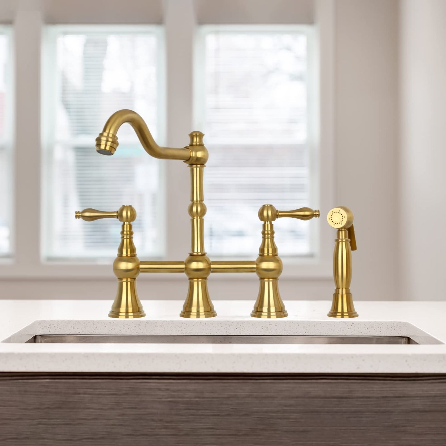 Akicon Two-Handles Bridge Kitchen Faucet with Side Sprayer (Brushed Gold)